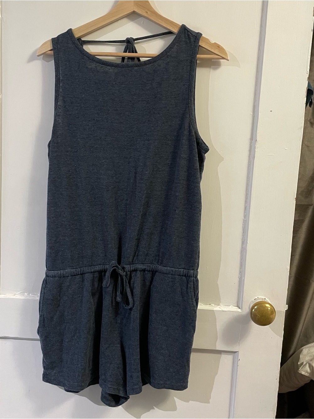 Casual Sleeveless Drawstring Romper in blue/black